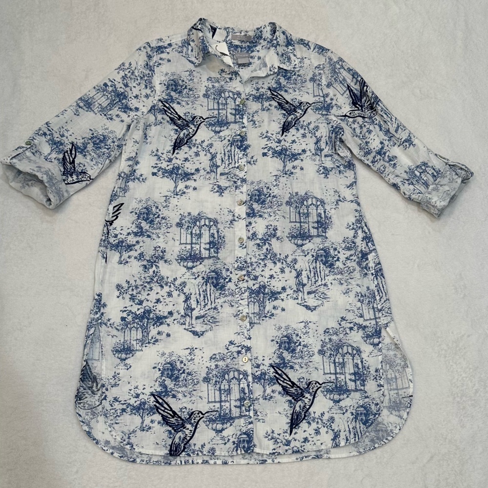 Chico's 100% Linen Animal Print Midi Dress Embroidered With Pocket Size 1/Medium - Picture 2 of 16